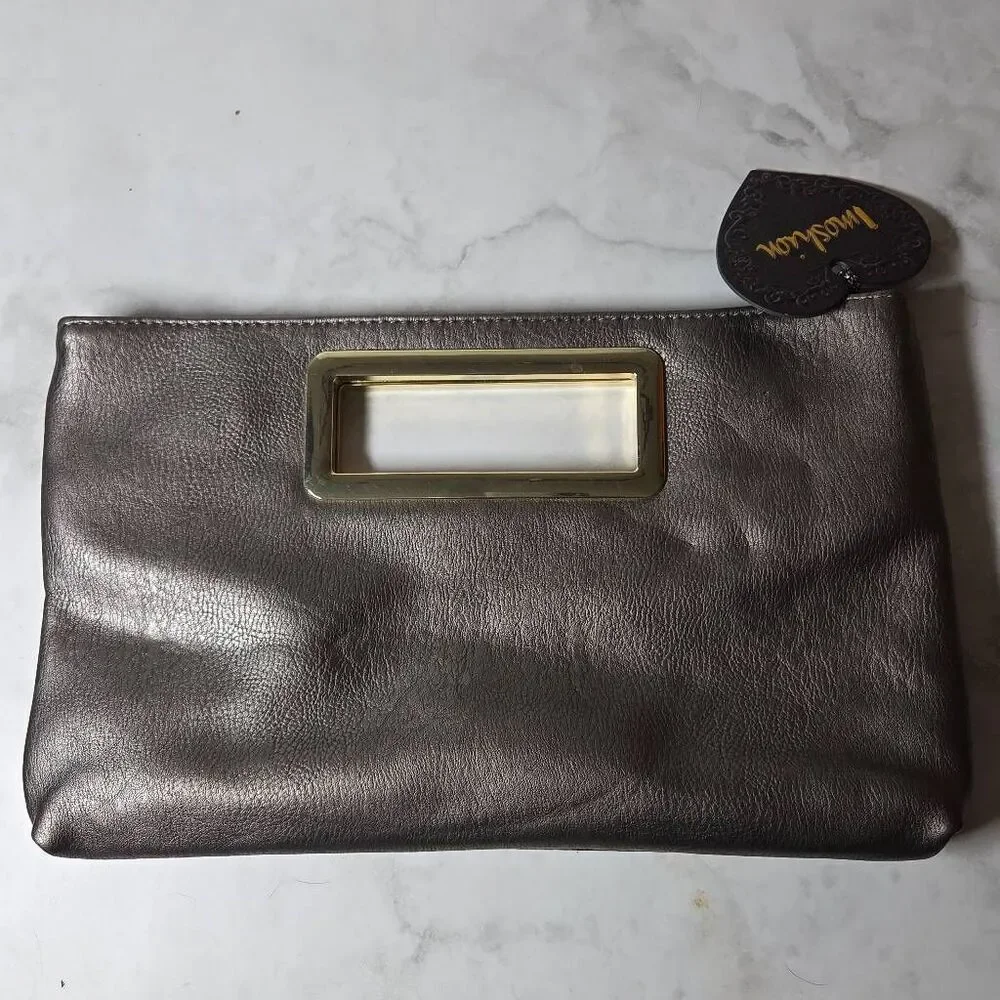 NWT Imoshion Metallic Pewter Vegan Leather Clutch with Gold Hardware